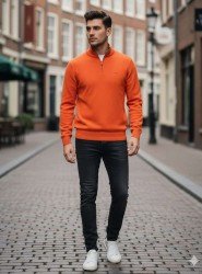 8915-LCS Turuncu Yarım Fermuarlı Dik Yaka Slim Fit Triko