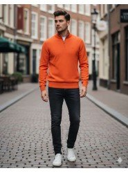 8915-LCS Turuncu Yarım Fermuarlı Dik Yaka Slim Fit Triko