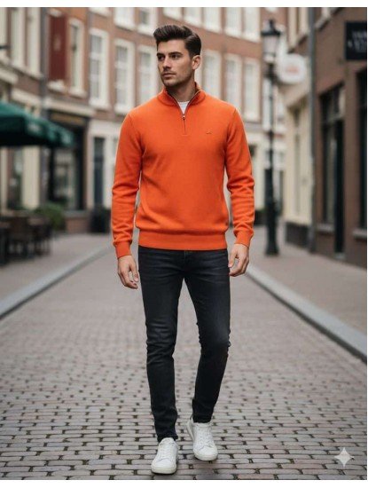 8915-LCS Turuncu Yarım Fermuarlı Dik Yaka Slim Fit Triko