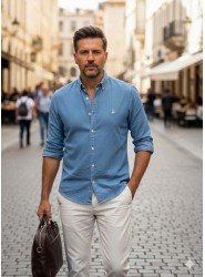 8918-BYMN Mavi Kot Slim Fit  Gömlek