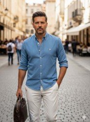8918-BYMN Mavi Kot Slim Fit  Gömlek