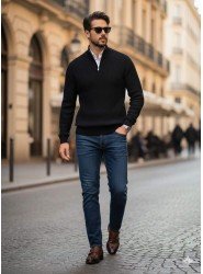 8924-Pierre Cardin Siyah Yarım Fermuar Dik Yaka Triko