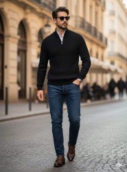 8924-Pierre Cardin Siyah Yarım Fermuar Dik Yaka Triko