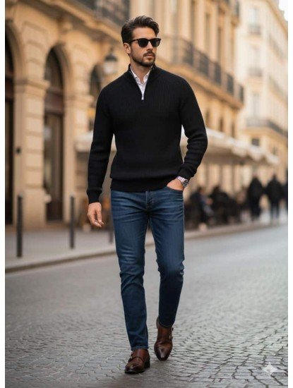 8924-Pierre Cardin Siyah Yarım Fermuar Dik Yaka Triko