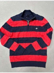 8991-GNT Kırmızı Lacivert Çizgili Yarım Fermuar Dik Yaka Örgülü Triko Kazak