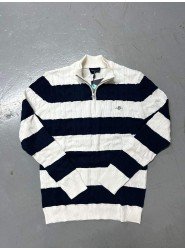 8992-GNT Ekru Lacivert Yarım Fermuar Dik Yaka Örgülü Triko Kazak