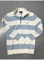 8993-GNT Ekru Mavi Şeritli Yarım Fermuar Dik Yaka Örgülü Triko Kazak
