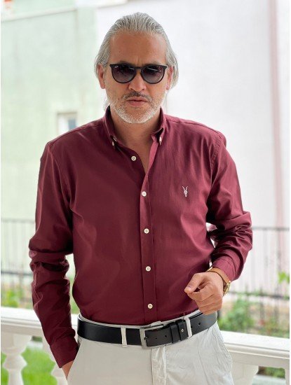 2366-ALSNT Bordo Slim Fit Kendinden Dokulu Gömlek