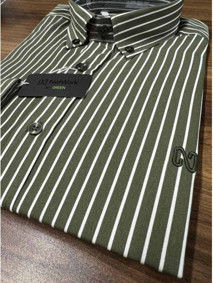 9003-NTW Yeşil Beyaz Çizgili Pamuklu  Gömlek