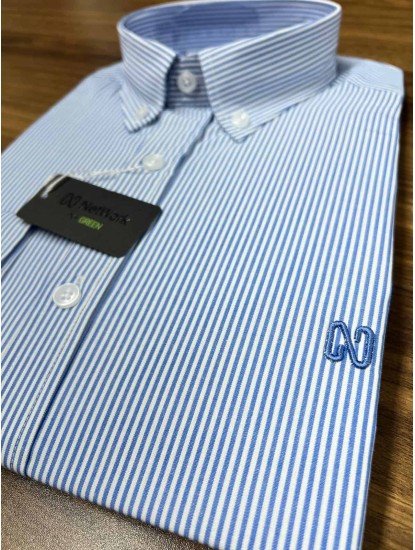 9004-NTW Beyaz İnce Mavi Çizgili Pamuklu  Gömlek