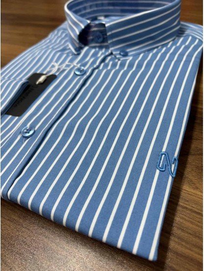 9005-NTW Mavi Beyaz Çizgili Pamuklu  Gömlek