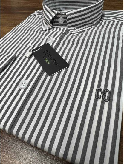 9006-NTW Gri Beyaz Çizgili Pamuklu  Gömlek