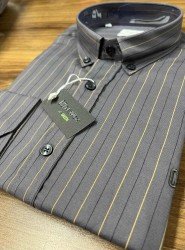 9007-NTW Gri Kahverengi İnce Çizgili Pamuklu  Gömlek