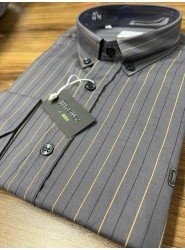 9007-NTW Gri Kahverengi İnce Çizgili Pamuklu  Gömlek