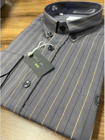 9007-NTW Gri Kahverengi İnce Çizgili Pamuklu  Gömlek