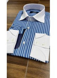 9014-Briva Mavi Beyaz Çizgili Yakası Beyaz Slim Fit Gömlek