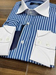 9014-Briva Mavi Beyaz Çizgili Yakası Beyaz Slim Fit Gömlek
