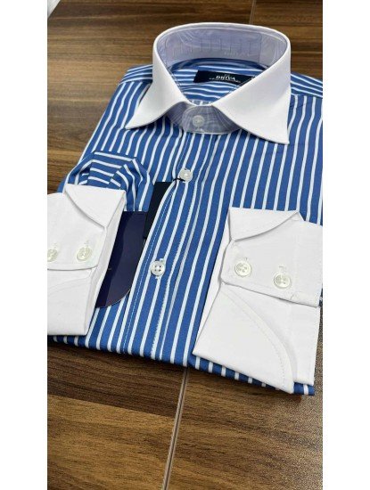 9014-Briva Mavi Beyaz Çizgili Yakası Beyaz Slim Fit Gömlek