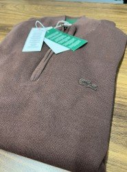 9032-Lcst Yarım Fermuarlı Kahverengi Triko Kazak