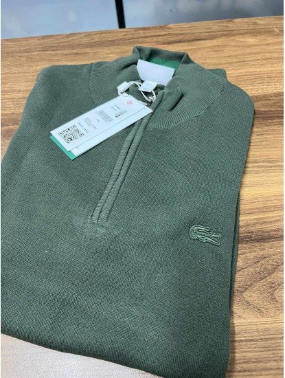 9034-Lcst Yarım Fermuarlı Haki Yeşil Triko Kazak