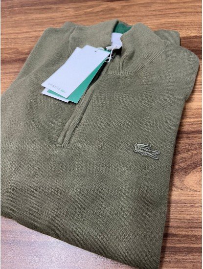 9035-Lcst Yarım Fermuarlı Yağ Yeşili Triko Kazak