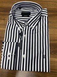 9042-Norwıch Siyah Beyaz Çizgili Cotton Slim Fit Gömlek