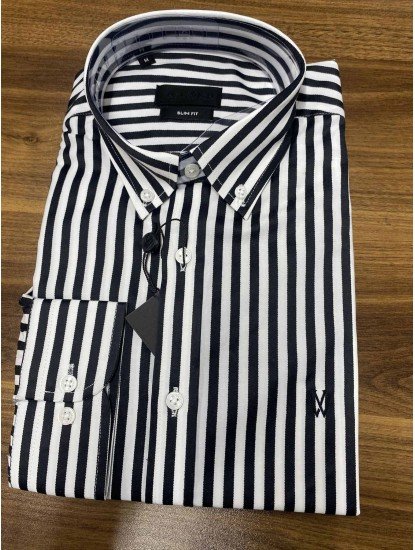 9042-Norwıch Siyah Beyaz Çizgili Cotton Slim Fit Gömlek