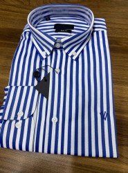 9043-Norwıch Sax Beyaz Çizgili Cotton Slim Fit Gömlek