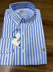 9044-BYMN Açık Mavi Beyaz Çizgili Pamuk Saten Slim Fit Gömlek