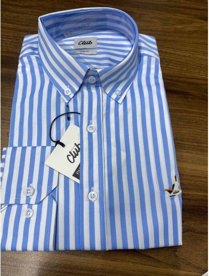 9044-BYMN Açık Mavi Beyaz Çizgili Pamuk Saten Slim Fit Gömlek