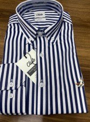 9045-BYMN Lacivert Beyaz Çizgili Pamuk Saten Slim Fit Gömlek