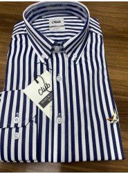 9045-BYMN Lacivert Beyaz Çizgili Pamuk Saten Slim Fit Gömlek