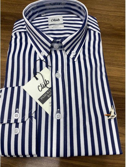 9045-BYMN Lacivert Beyaz Çizgili Pamuk Saten Slim Fit Gömlek