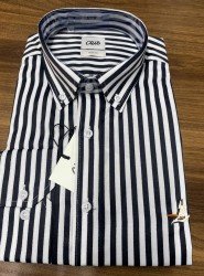 9046-BYMN Siyah Beyaz Çizgili Pamuk Saten Slim Fit Gömlek