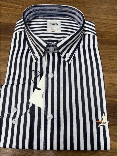 9046-BYMN Siyah Beyaz Çizgili Pamuk Saten Slim Fit Gömlek