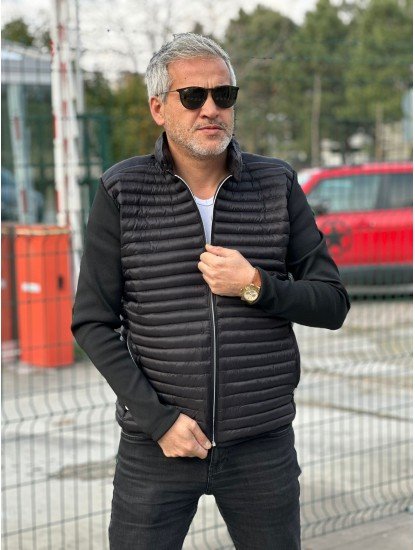 9073-Siyah ince Şeritli Şişme Mont (50518)