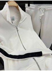 9093-BYMN Ekru Kenarları Şeritli Dik Yaka Tam Fermuarlı  Sweath