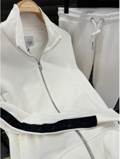 9093-BYMN Ekru Kenarları Şeritli Dik Yaka Tam Fermuarlı  Sweath