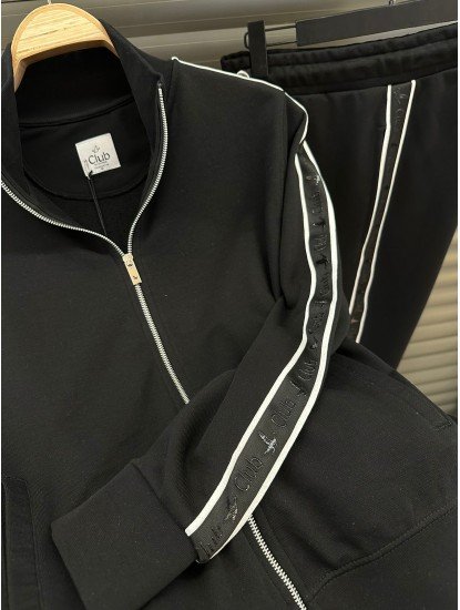 9094-BYMN Siyah Kenarları Şeritli Dik Yaka Tam Fermuarlı  Sweath