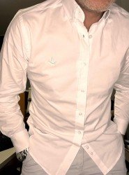 9099-BYMN Beyaz Tona Ton Logolu Comfort Fit  Gömlek