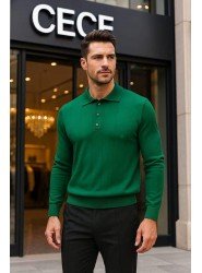 9105-CECE Nefti Yeşil Polo Yaka Düğmeli Triko