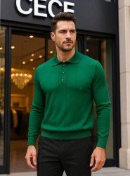 9105-CECE Nefti Yeşil Polo Yaka Düğmeli Triko