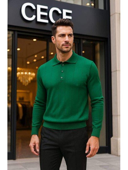 9105-CECE Nefti Yeşil Polo Yaka Düğmeli Triko