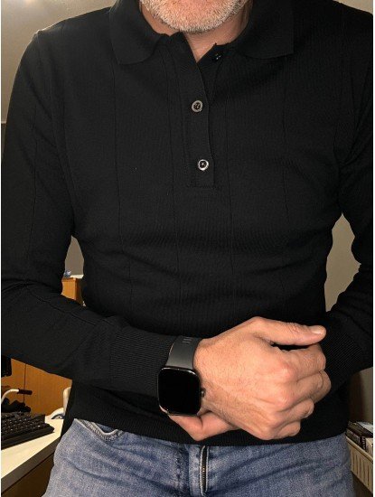 9108-CECE Siyah Polo Yaka Düğmeli Triko